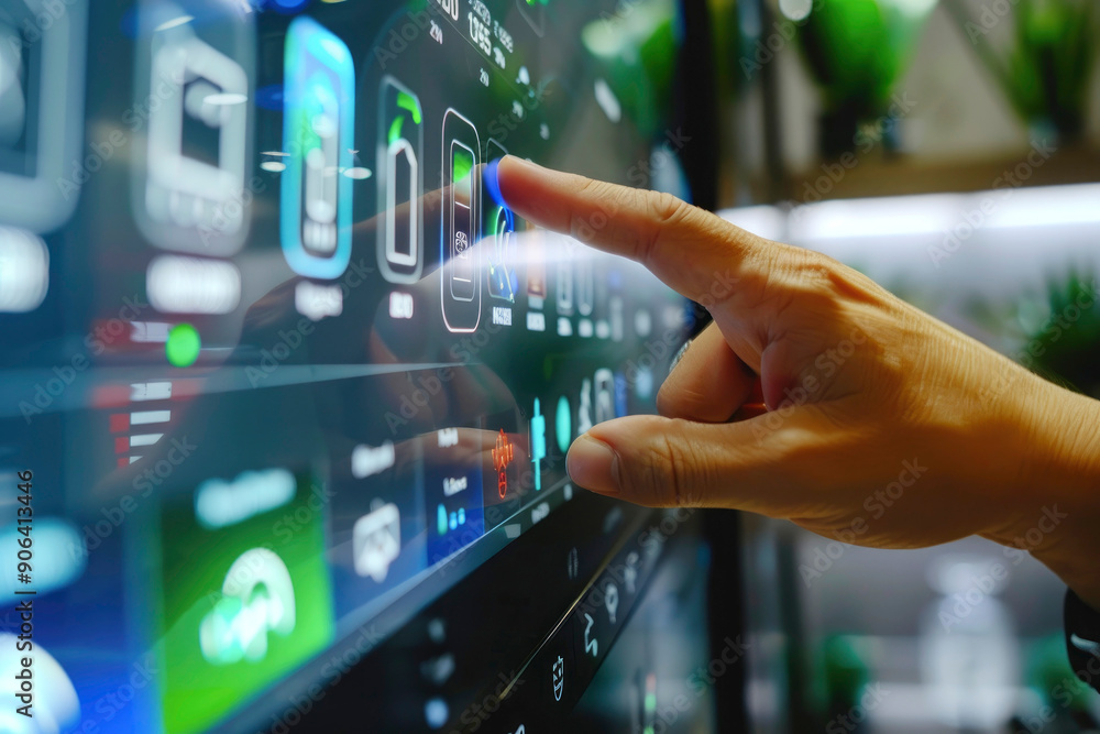 Poster a person interacting with a futuristic touchscreen interface, displaying various colorful icons and 