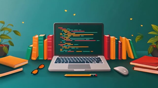 A laptop with an online programming course displayed on its screen sits on a desk with books, glasses, and a pencil.