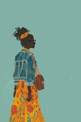 Fototapeta premium Minimalism illustration, an African-American woman, wearing a boho dress with a denim jacket and a small crossbody bag, standing with one arm slightly raised, boho woman fashion, flat illustration 