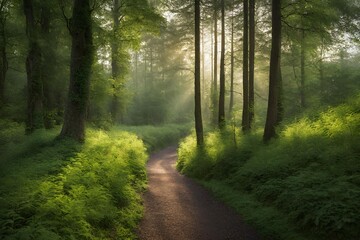 Obraz premium A Calm Road in the Forest, Sun rays