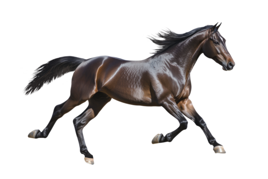 A dynamic and powerful brown horse captured in full gallop, muscles rippling and mane flowing, set against a white background for contrast.