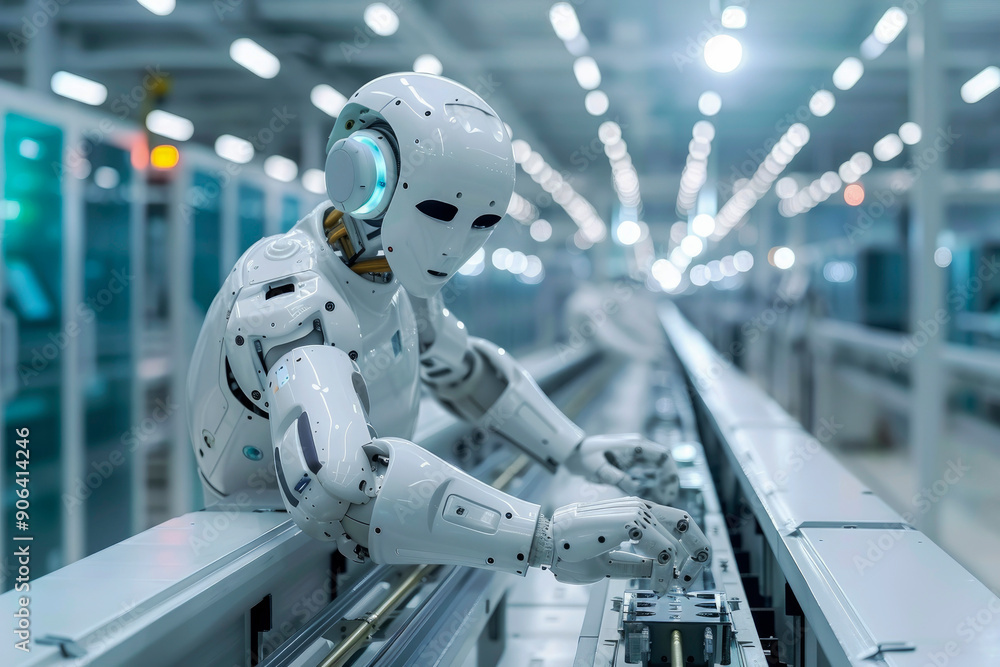Poster a futuristic robotic android performs tasks with precision on a production line in a well-lit modern