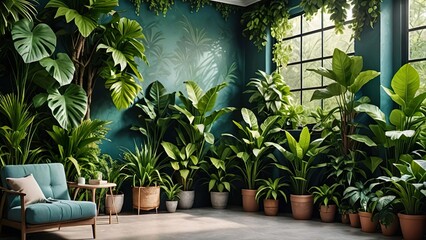 a room full of plants with chairs to relax