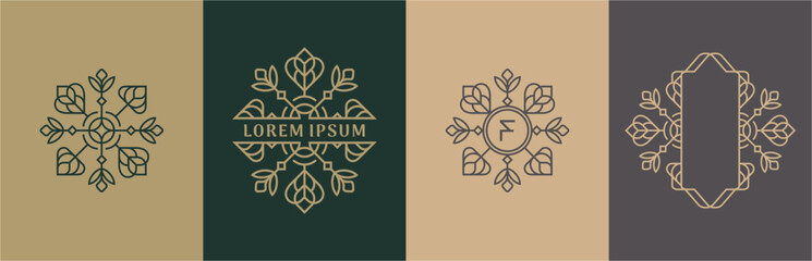 Luxury flowers and leaves logo design. Frames with copy space for text or letter. Abstract vector based creative line style template.
