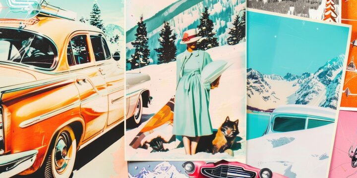 A colorful collage featuring a vintage scene with a woman in a mint green dress, classic cars, and a snowy mountain landscape. The artwork blends retro elements with a winter theme