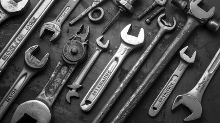 Fototapeta premium A lot of old, well-used wrenches on a dark, possibly rusty or wooden surface. More than 13 wrenches of different sizes and shapes are arranged in different orientations,