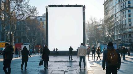 Obraz premium Urban scene with people in winter attire around a blank billboard in a city square. Busy pedestrian area with tall buildings, bare trees, and no vehicles, indicating a popular, car-free zone.