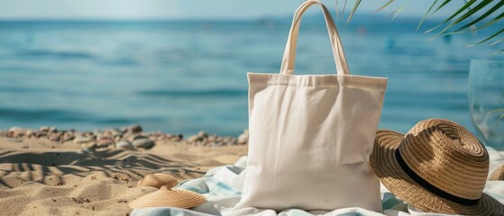 A serene beach scene: white tote and straw hat on sand mat, blue sea in backdrop with smartphone and ship, blending tech with nature, evoking calm beach vacation vibes.