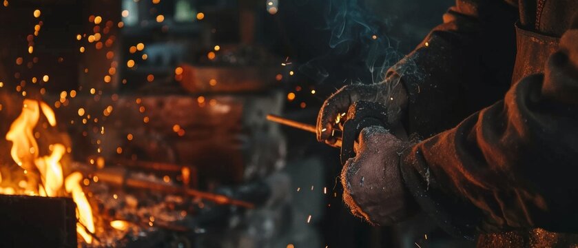 A busy blacksmith shapes metal in a warm, glowing workshop with tools and sparks flying, showcasing the craft's intricacy and heat intensity. - Powered by Adobe
