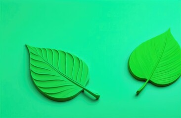 green leaf on green background, 3d, plasticine, cartoon illustration. free space, copyspace