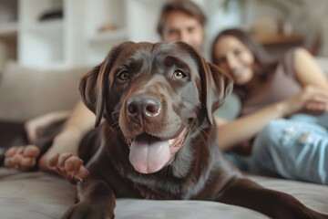 A Happy Chocolate Labrador Relaxing with a Couple on the Couch