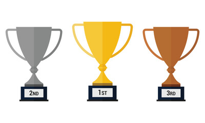 Trophy cups with handles. Gold, silver and bronze cups isolated on white background. Flat vector illustration, EPS10