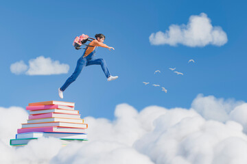 Girl Leaping from Stack of Books into Sky with Clouds and Birds