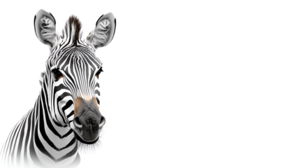 A close-up of a zebra's head showcasing its striking black and white stripes against a solid background.