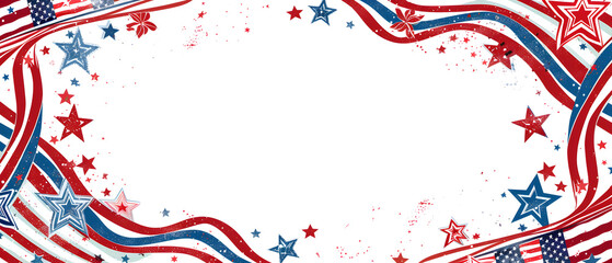 4th of July background featuring a border with the American flag. adorned with red and white stripes, while the corners have clusters of small blue stars. Independence Day design