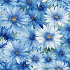 Fototapeta premium Watercolor pattern with bright Blue Aster . It shows intricate detailing and uses blue and white colors. The small floral pattern has a modern look