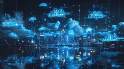 Fototapeta premium Cityscape with Cloud Computing Network