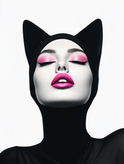 A minimalistic and striking collage art featuring a woman with cat ears, vibrant pink makeup, and an artistic expression.