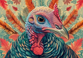 Close-up of a colorful, polygonal turkey with autumn leaves in the background