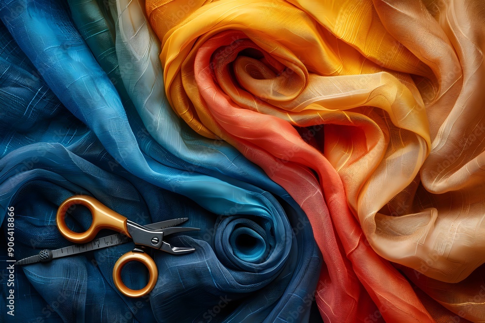 Poster vibrant textiles and crafting tools: a colorful display of fabric and scissors