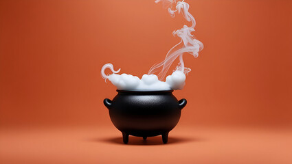 generative ai. illustration of a Halloween black cauldron with potion and smoke on a bright orange background. 3D render. advertising layout