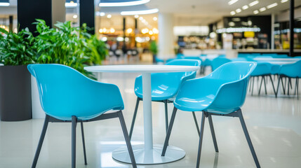 Blue plastic chairs and a white table in a food court at a modern shopping center.