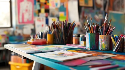 Creative Workspace: A vibrant desk covered in art supplies, sketches, and colorful decorations. The use of bright colors and textures showcases a lively environment that stimulates creativity.