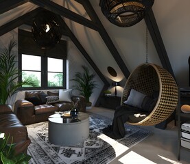 Modern Attic Living Room with Hanging Chair and Leather Sofa