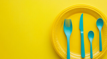 Colorful plastic tableware arranged on a bright yellow background. Top view.