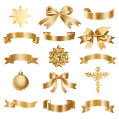Banner vector icon set gold on a white background. Ribbon-isolated shapes are illustrations of gift and accessory. Christmas sticker and decoration design