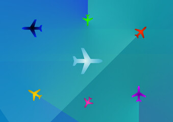 Flying airplanes on abstract modern color background, airlines and transportation