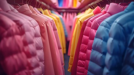 Obraz premium A row of brightly colored jackets hanging in a closet