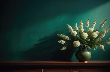 Vase with flowers on table against dark green background, interior, atmospheric background, light, glare, window