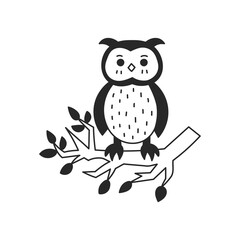 Owl sitting on Tree Branch Doodle Illustration. Cute hand drawn wild forest bird sketch with hatching. Isolated vector art.