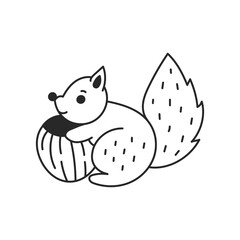 Squirrel with Hazelnut Doodle Art. Hand drawn line wild forest animal holding nut. Isolated vector illustration