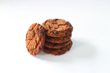 Chocolate chip cookies on white background