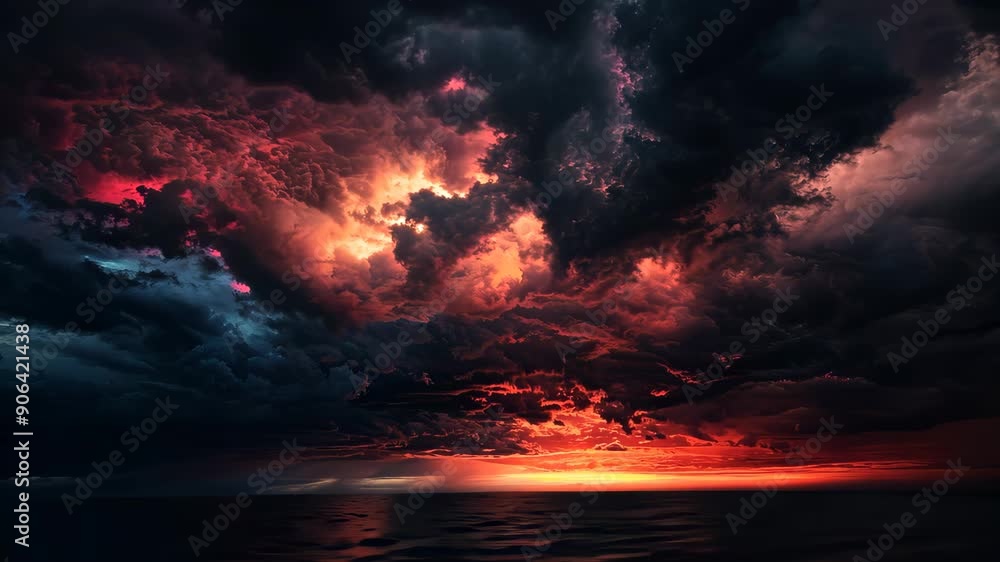 Poster fiery red clouds at dramatic ocean sunset