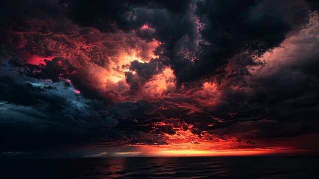 Fiery red clouds at dramatic ocean sunset