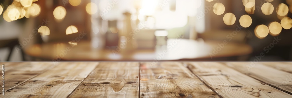 Aufkleber warm inviting dining room with light brown wooden table for product display - cozy evening ambiance 