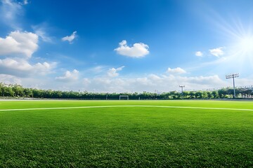 Green football field under blue sky background