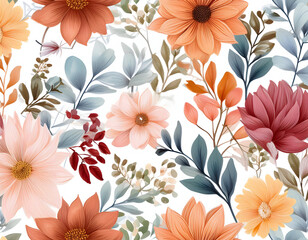 a seamless pattern showcasing a medley of autumn flowers in watercolor, featuring soft pastel colors on a white background tile for a refined and stylish design.