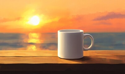 mockup of a white cup on a table, isolated with a breathtaking sunset beach scene in the background