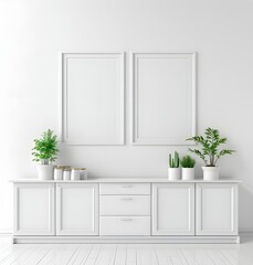 White Cabinet with Two Empty Frames and Plants in a Modern Room