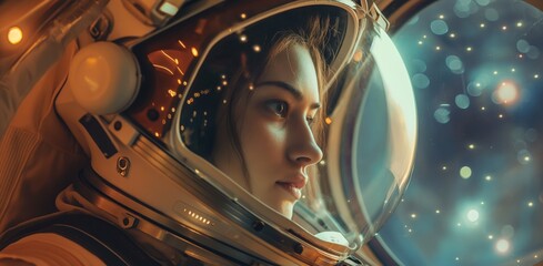 Obraz premium beautiful woman in an astronaut suit floating inside the space station, looking out through her helmet visor with a stunning backdrop of stars and galaxies, featuring cinematic