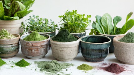Ceramic pots filled with vibrant powdered herbs are arranged amidst fresh greens, showcasing a colorful display of natural ingredients
