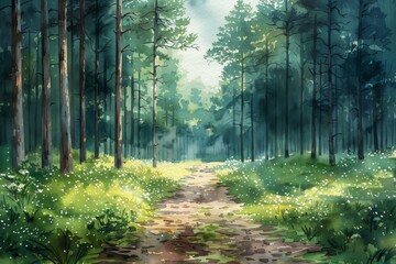 Fototapeta premium Beautiful summer forest with path, beautiful landscape illustration.