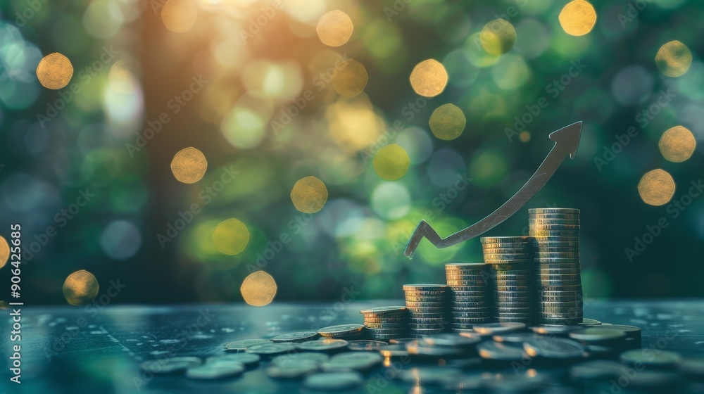 Wall mural a stack of coins with an upward arrow surrounded by green blurre