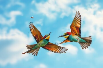 Obraz premium A pair of elegant European bee-eaters catching insects in mid-flight, with a blue sky background. 