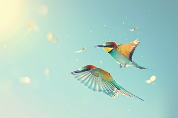 Naklejka premium A pair of elegant European bee-eaters catching insects in mid-flight, with a blue sky background. 