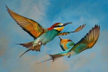 Obraz premium A pair of elegant European bee-eaters catching insects in mid-flight, with a blue sky background. 